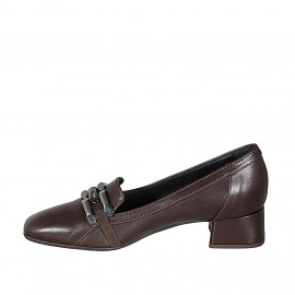 Woman's loafer with squared tip and accessory in brown leather heel 4 - Available sizes:  32, 43, 44, 45 2