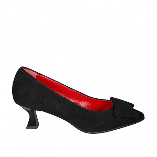 Zapato de salon a punta para mujer en gamuza negra con accesorio y tacon carrete 6 - Tallas disponibles:  33, 34, 35