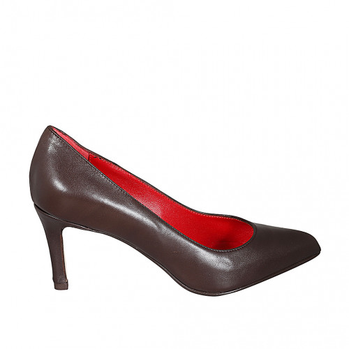 Zapato de salon redondeado para mujer en piel marron tacon 7 - Tallas disponibles:  32, 33, 34, 35, 43, 44