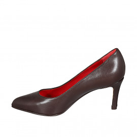 Woman's pump with rounded tip in brown leather heel 7 - Available sizes:  32, 33, 34, 35, 43, 44 2