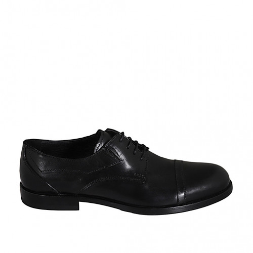Elegante zapato derby para hombre en piel negra con cordones, elasticos y puntera - Tallas disponibles:  37, 38, 47, 48, 49, 50