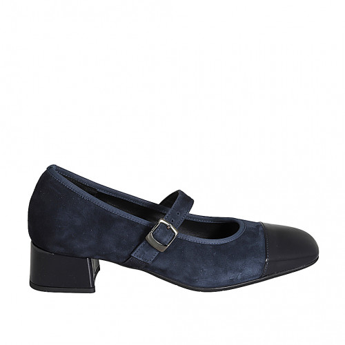 Mary Jane pour femmes en daim et cuir verni bleu avec courroie elastique talon 4 - Pointures disponibles:  35