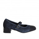 Mary Jane pour femmes en daim et cuir verni bleu avec courroie elastique talon 4 - Pointures disponibles:  35