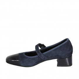Woman's Mary Jane in blue suede and patent leather with elastic strap heel 4 - Available sizes:  35 2