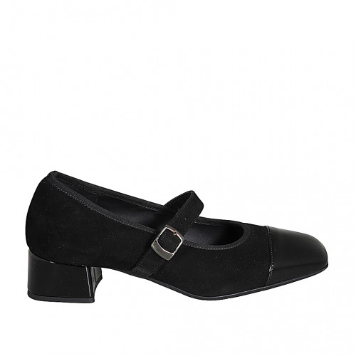 Mary Jane para mujer en gamuza y charol negro con correa elastica tacon 4 - Tallas disponibles:  32, 35, 45
