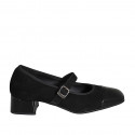 Mary Jane para mujer en gamuza y charol negro con correa elastica tacon 4 - Tallas disponibles:  32, 35, 45