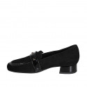 Mocassin à bout carré avec goujons pour femmes en daim et cuir verni noir talon 3 - Pointures disponibles:  32, 33, 34, 35, 43, 44, 45