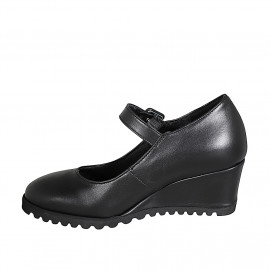 Zapato para mujer con cinturon y plantilla extraible en piel negra cuña 6 - Tallas disponibles:  42, 43 2