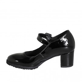 Woman's Mary Jane with strap and removable insole in black patent leather heel 6 - Available sizes:  32 2