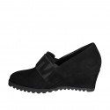 Woman's highfronted shoe with elastics and removable insole in black suede wedge heel 6 - Available sizes:  42, 43