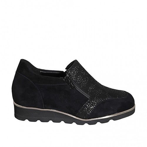 Chaussure avec fermetures èclair et semelle amovible pour femmes en daim et daim imprimé lamé noir talon compensé 3 - Pointures disponibles:  32