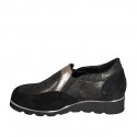 Woman's mocassin with elastic bands and removable insole in black and brass-colored laminated suede wedge heel 3 - Available sizes:  32