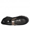Woman's mocassin with elastic bands and removable insole in black and brass-colored laminated suede wedge heel 3 - Available sizes:  32