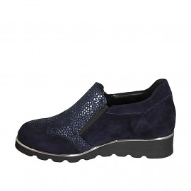 Zapato con cremalleras y plantilla extraible para mujer en gamuza y gamuza estampada laminada azul cuña 3 - Tallas disponibles:  42 2