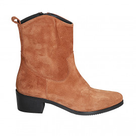 Woman's Texan ankle boot with zipper in cognac brown suede heel 4 - Available sizes: 32, 35, 43, 46