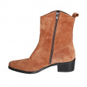 Woman's Texan ankle boot with zipper in cognac brown suede heel 4 - Available sizes:  32, 35, 43, 46