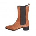 Botines tejanos altos para mujer en gamuza cognac con elasticos tacon 4 - Tallas disponibles:  32, 33, 34, 42, 43, 46, 47