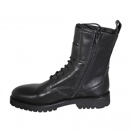 Botin para mujer con cremallera, cierres de velcro y cordones en piel negra tacon 3 - Tallas disponibles:  32, 34, 35, 43, 45, 46 2