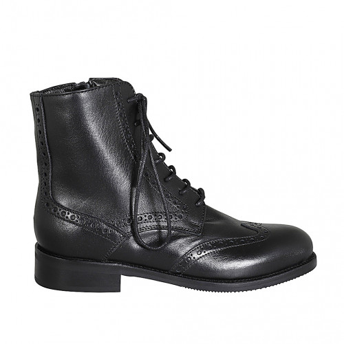 Bottines pour femmes avec lacets, fermeture éclair et bout golf en cuir noir talon 3 - Pointures disponibles:  32, 46