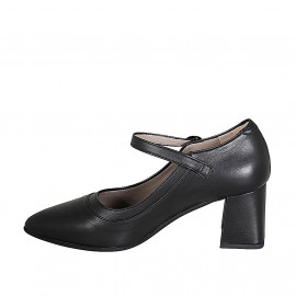 Woman's pointy Mary Jane in black leather with strap heel 6 - Available sizes:  42, 45 2
