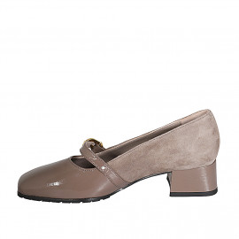Mary Jane da donna in camoscio e vernice taupe con cinturino tacco 4 - Misure disponibili: 43, 44, 45 2
