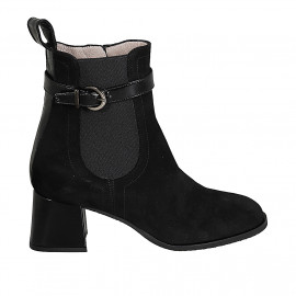 Woman's ankle boot with zipper, strap and elastic band in black suede and patent leather heel 5 - Available sizes: 32, 33, 43, 44, 45