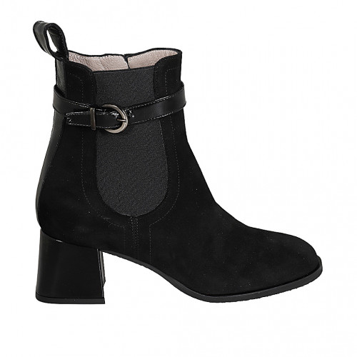 Bottines pour femmes avec fermeture éclair, courroie et elastique en daim et cuir verni noir talon 5 - Pointures disponibles:  32, 33, 43, 44, 45