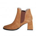 Woman's pointy ankle boot with elastic band in cognac brown suede heel 7 - Available sizes:  33, 34, 42, 43, 44, 45, 46