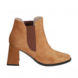 Bottines à bout pointu pour femmes avec elastique en daim cognac talon 7 - Pointures disponibles: 33, 34, 42, 43, 44, 45, 46