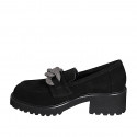 Mocassin pour femmes avec chaîne tressé de couleur argent en daim noir talon 5 - Pointures disponibles:  34, 43