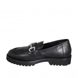 Woman's loafer in black leather with accessory and heel 3 - Available sizes:  32, 33 2