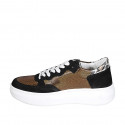 Woman's laced sneaker with removable insole in black suede and bronze and spotted laminated leather wedge heel 4 - Available sizes:  43