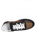 Woman's laced sneaker with removable insole in black suede and bronze and spotted laminated leather wedge heel 4 - Available sizes:  43