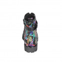 Woman's laced ankle boot with zipper and buckle in black and multicolored printed leather heel 5 - Available sizes:  42