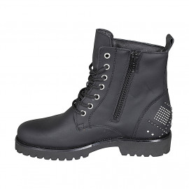 Woman's laced ankle boot with zipper and studs in matt black leather heel 3 - Available sizes:  43, 44 2