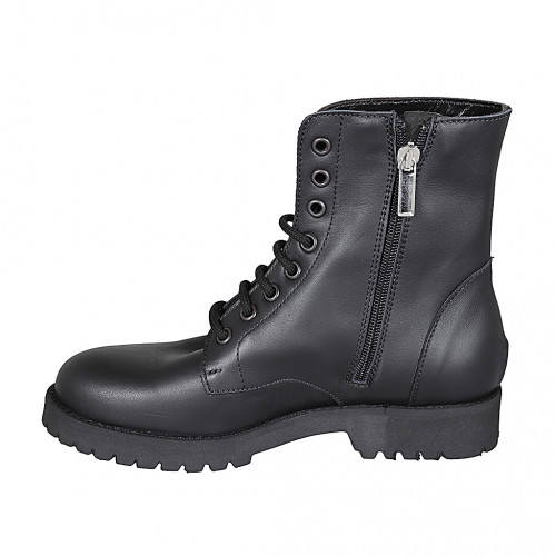 Woman's laced ankle boot with zipper in black smooth leather with heel 3 - Available sizes:  32, 33, 44