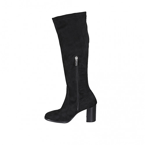 Damenstiefel aus schwarzem elastischem Material und Wildleder mit halbem Reißverschluss Absatz 8