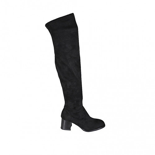Bottes au dessus de genou pour femmes en daim et matériau elastique noir avec demi fermeture éclair talon 5 - Pointures disponibles:  33, 34, 43