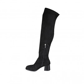 Bottes au dessus de genou pour femmes en daim et matériau elastique noir avec demi fermeture éclair talon 5 - Pointures disponibles:  33, 34 2