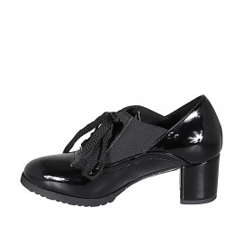 Chaussure richelieu avec lacets, elastique et semelle amovible pour femmes en cuir verni noir talon 6 - Pointures disponibles:  42, 43 2