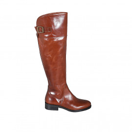 Woman's knee-high boot in cognac brown leather with zipper and buckle heel 3 - Available sizes:  34