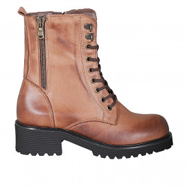 Woman's laced ankle boot with zippers in cognac brown leather heel 5 - Available sizes: 45