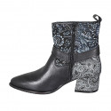 Woman's pointy ankle boot with zipper and buckle in grey and light blue printed suede and black leather heel 5 - Available sizes:  33, 35, 43