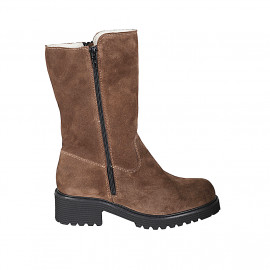 Woman's boot with zippers in cognac brown suede heel 5 - Available sizes:  33, 35, 42