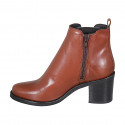 Woman's ankle boot with zipper and elastic band in cognac brown leather heel 6 - Available sizes:  42, 43, 44