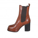 Woman's ankle boot in cognac brown leather with elastic bands and platform heel 8 - Available sizes:  42