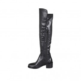 Botas sobre la rodilla para mujer en piel y material elastico negro con media cremallera tacon 5 - Tallas disponibles:  32, 33, 34 2