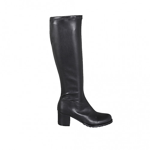 Bottes au genou pour femmes en cuir et matériau élastique noir avec fermeture éclair talon 6 - Pointures disponibles:  33