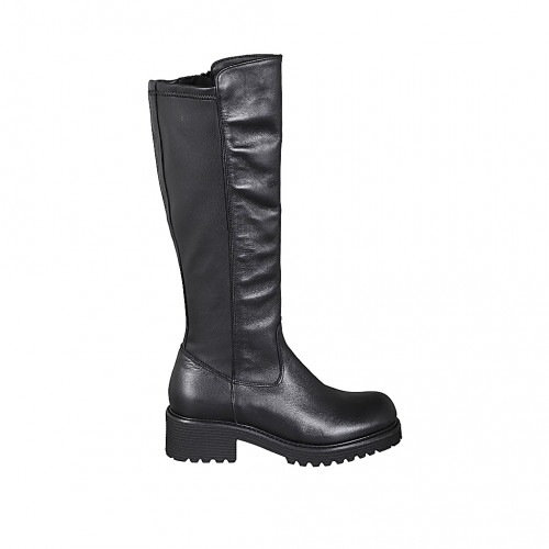 Woman's boot with zipper in black leather and elastic material heel 5 - Available sizes:  45
