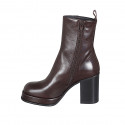 Woman's ankle boot with squared tip, zipper and platform in brown leather heel 8 - Available sizes:  42
